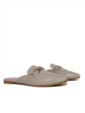 Beige Gold Buckle Flat Mules