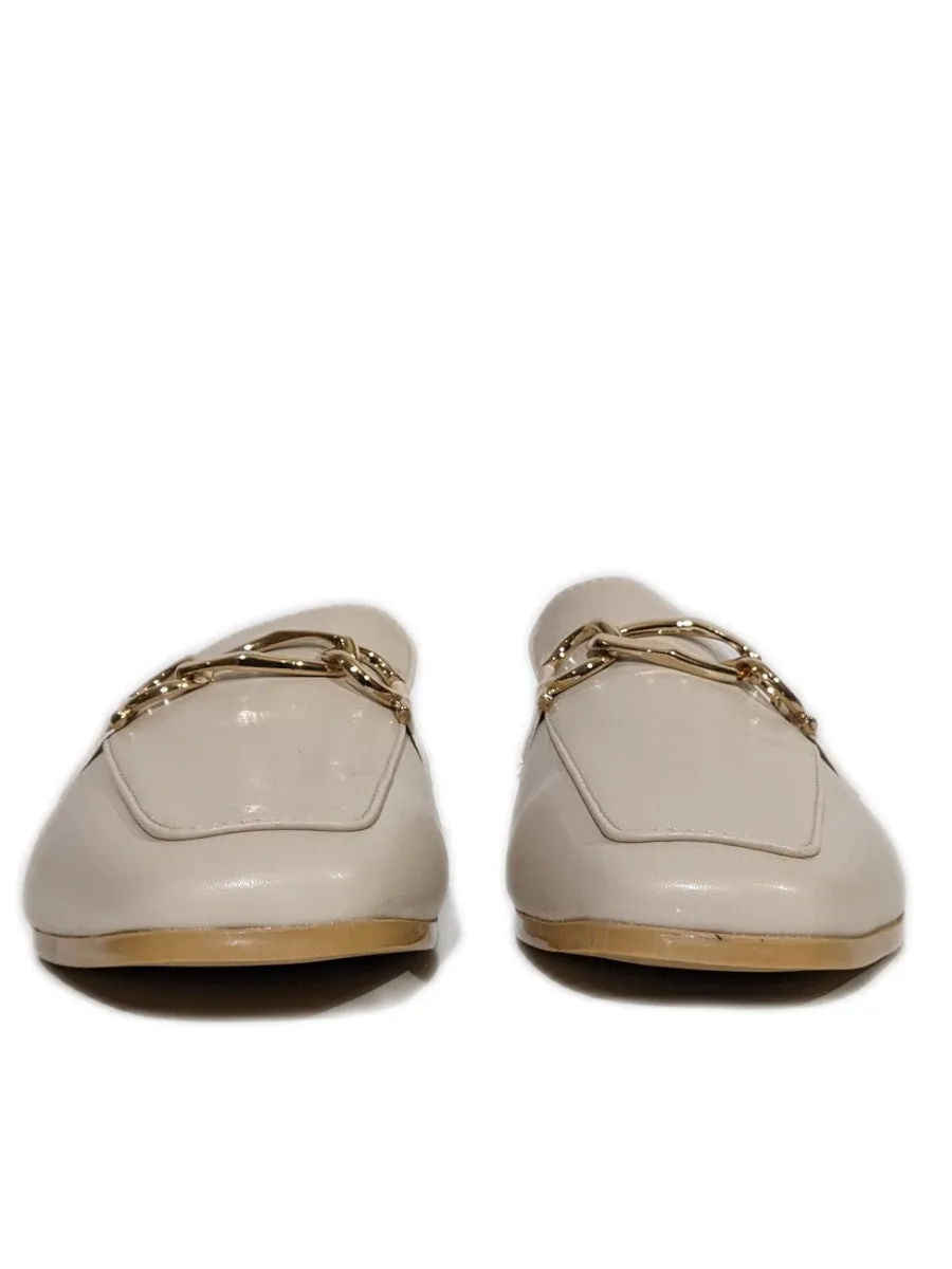 Beige Gold Buckle Flat Mules
