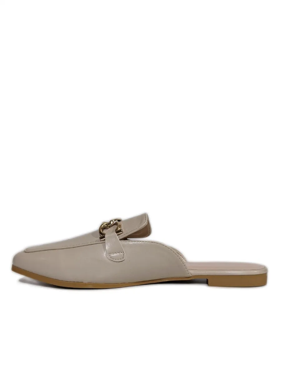 Beige Gold Buckle Flat Mules
