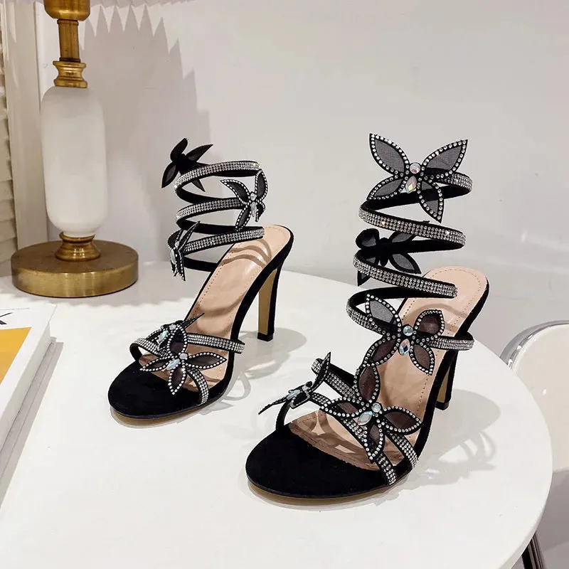 Butterfly Rhinestone Snake Wrapped Heels