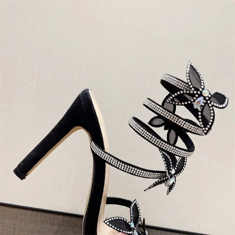 Butterfly Rhinestone Snake Wrapped Heels