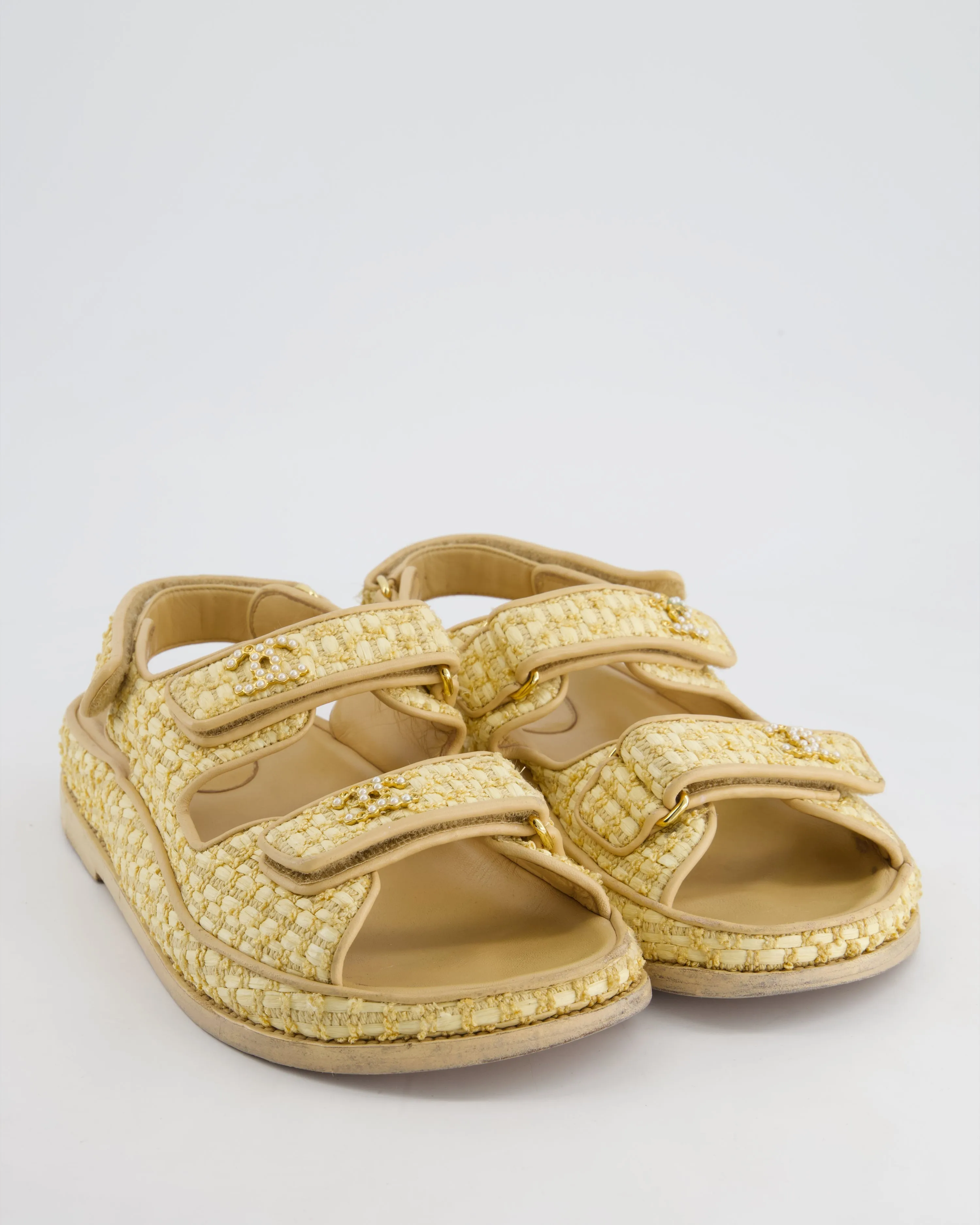 Chanel Beige Raffia Dad Sandals With Pearl Cc Logo Detail Size Eu 37.5c