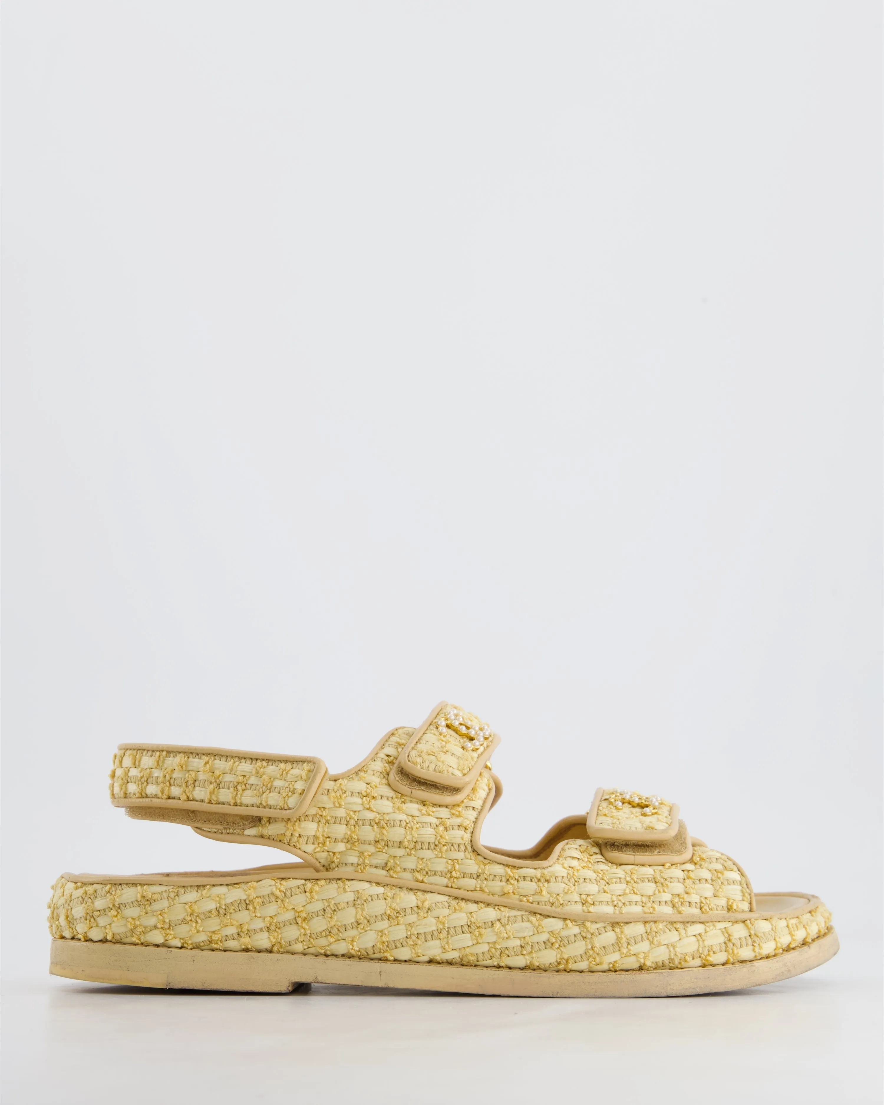 Chanel Beige Raffia Dad Sandals With Pearl Cc Logo Detail Size Eu 37.5c