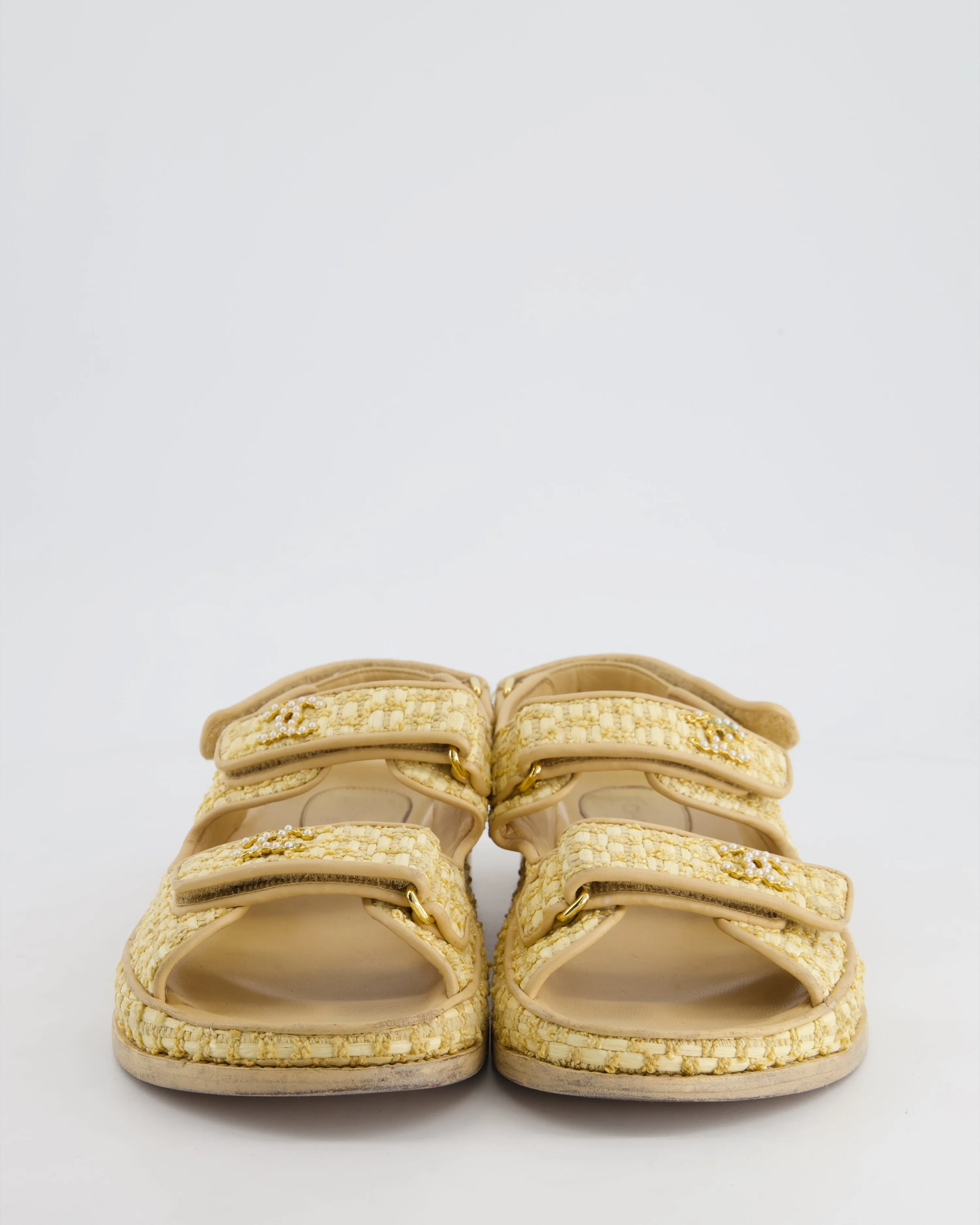 Chanel Beige Raffia Dad Sandals With Pearl Cc Logo Detail Size Eu 37.5c