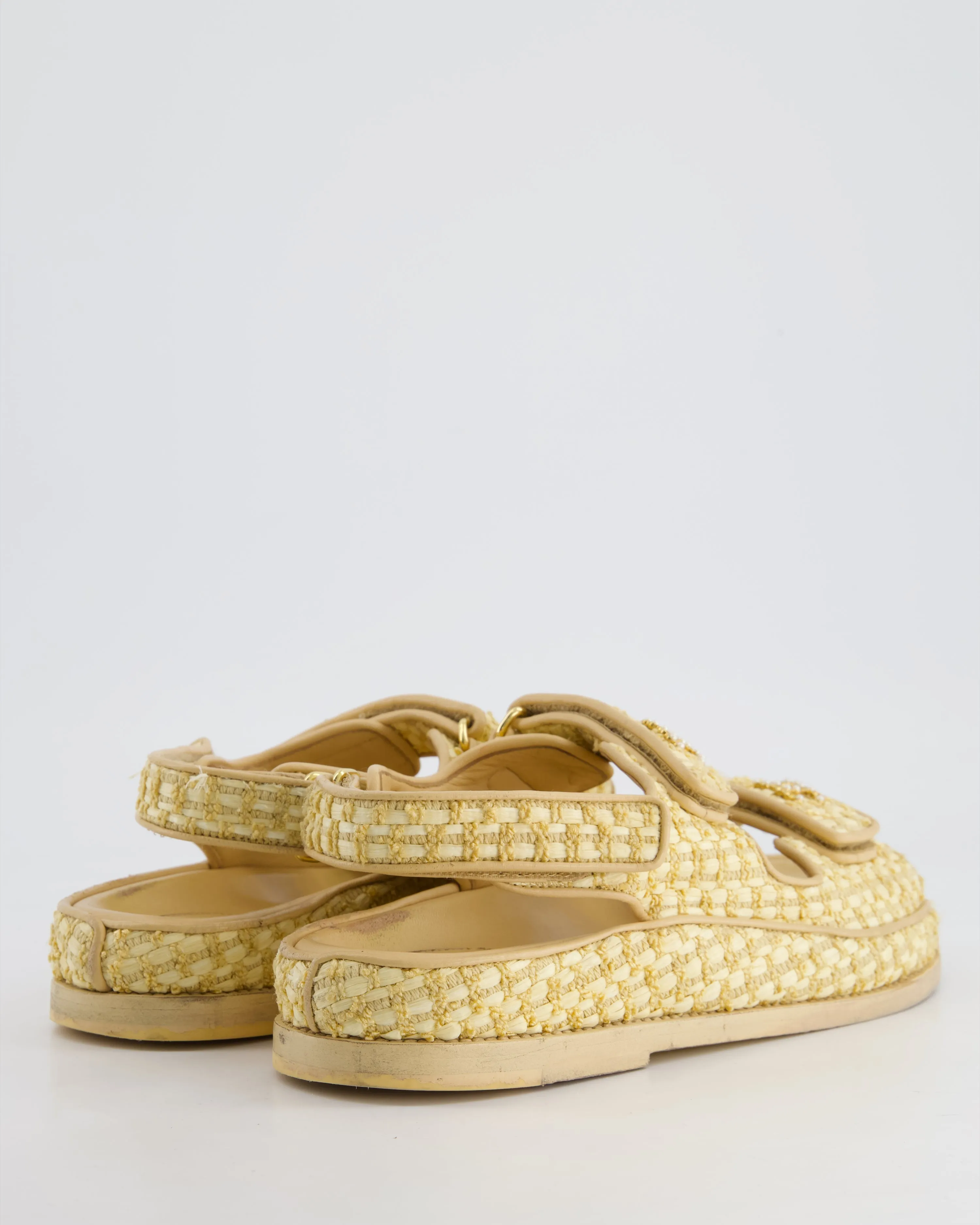 Chanel Beige Raffia Dad Sandals With Pearl Cc Logo Detail Size Eu 37.5c
