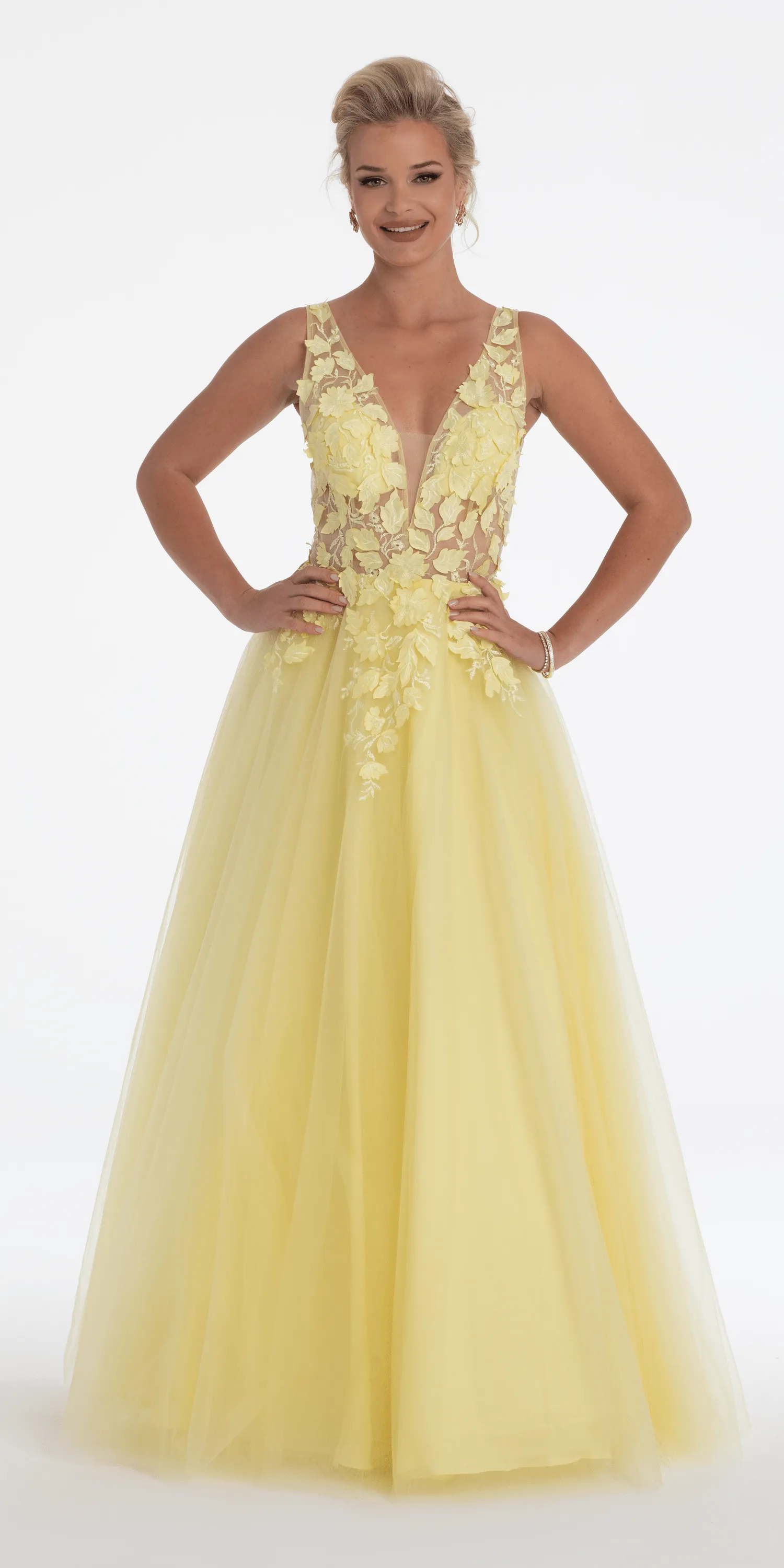 Deep V Back 3 D Floral Tulle Ballgown