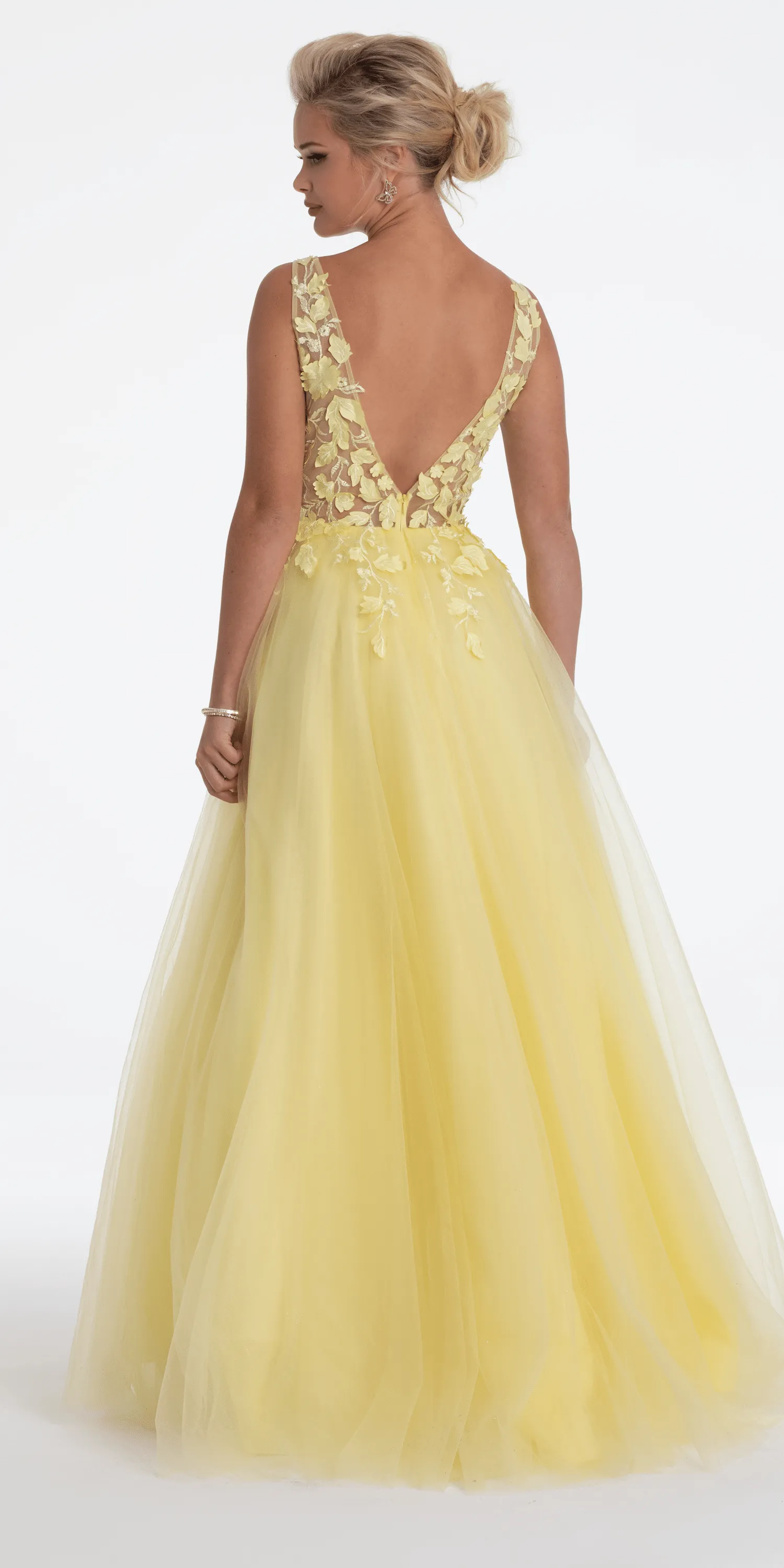 Deep V Back 3 D Floral Tulle Ballgown