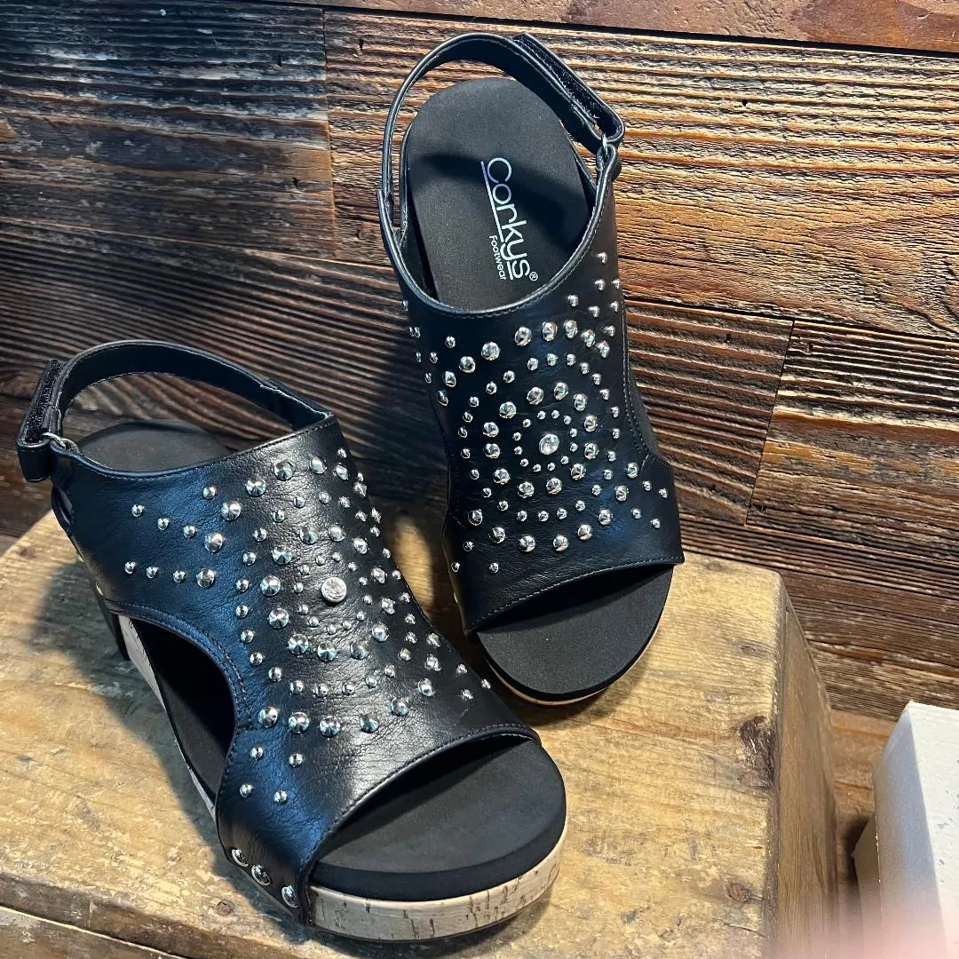 Docie Doe Silver Stud & Black Wedge/Sandal