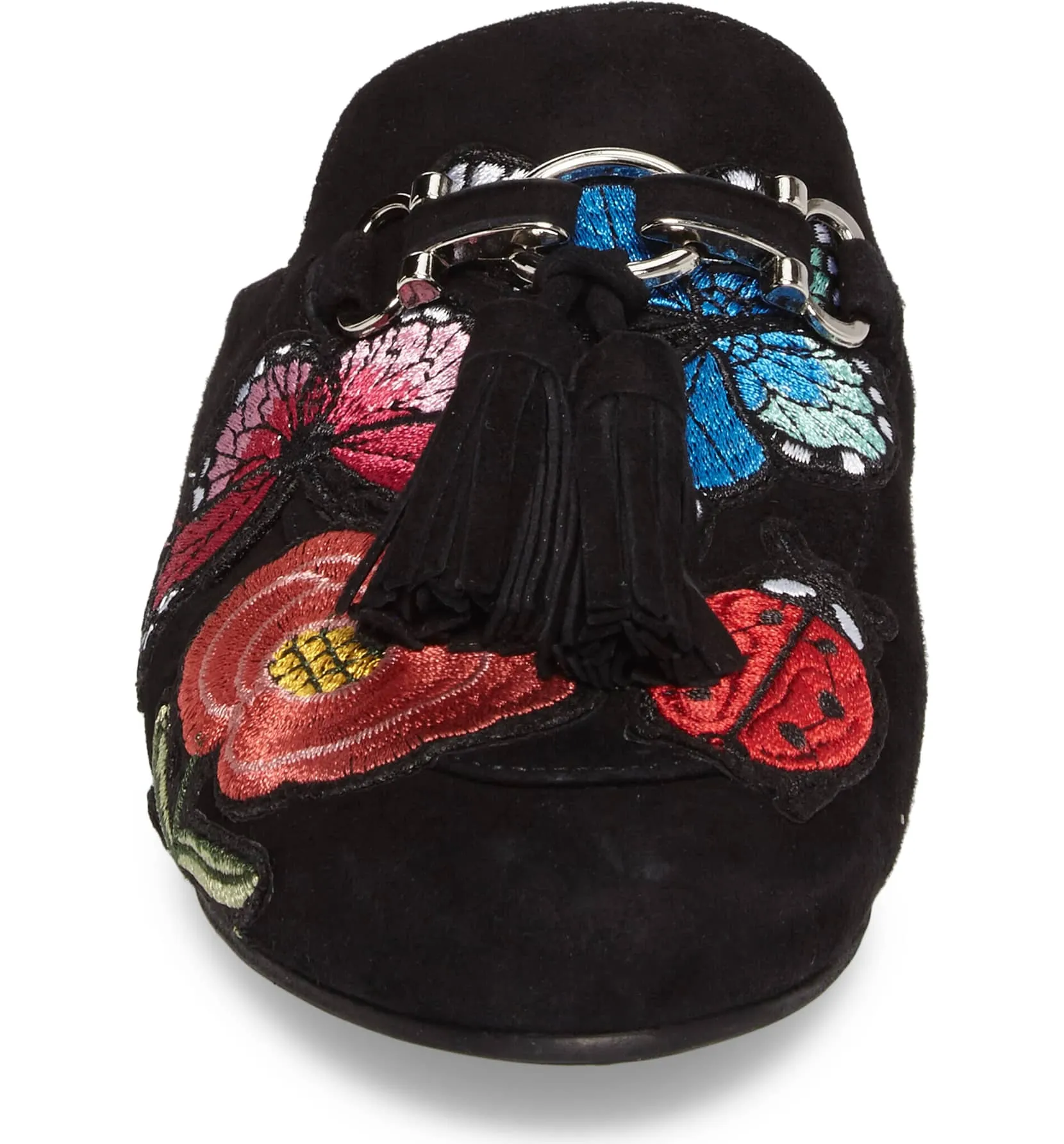 Jeffrey Campbell Apfel Tassel Slide Mules Black Suede Printed Slide Slip On Flat