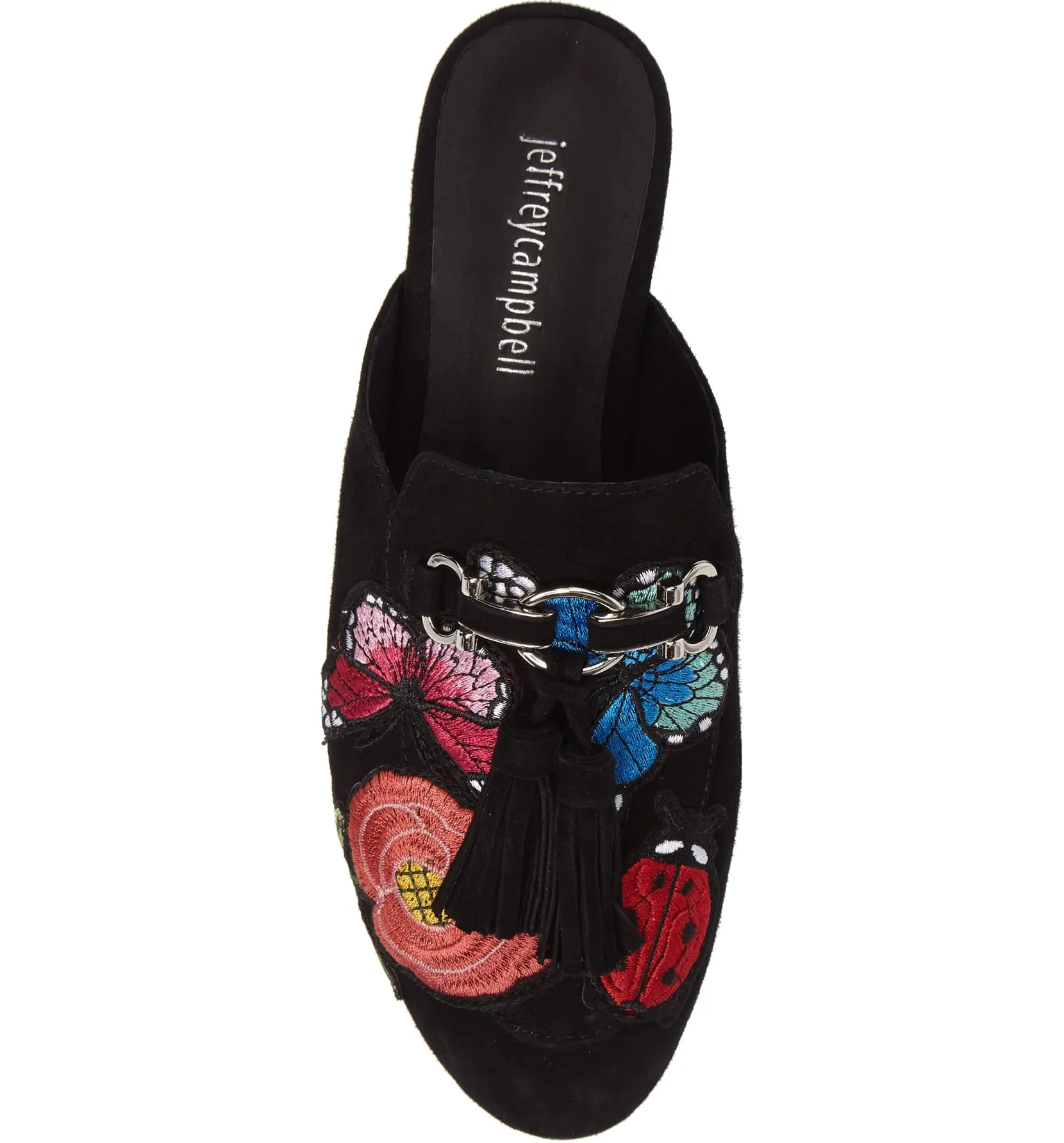 Jeffrey Campbell Apfel Tassel Slide Mules Black Suede Printed Slide Slip On Flat