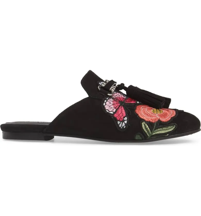Jeffrey Campbell Apfel Tassel Slide Mules Black Suede Printed Slide Slip On Flat