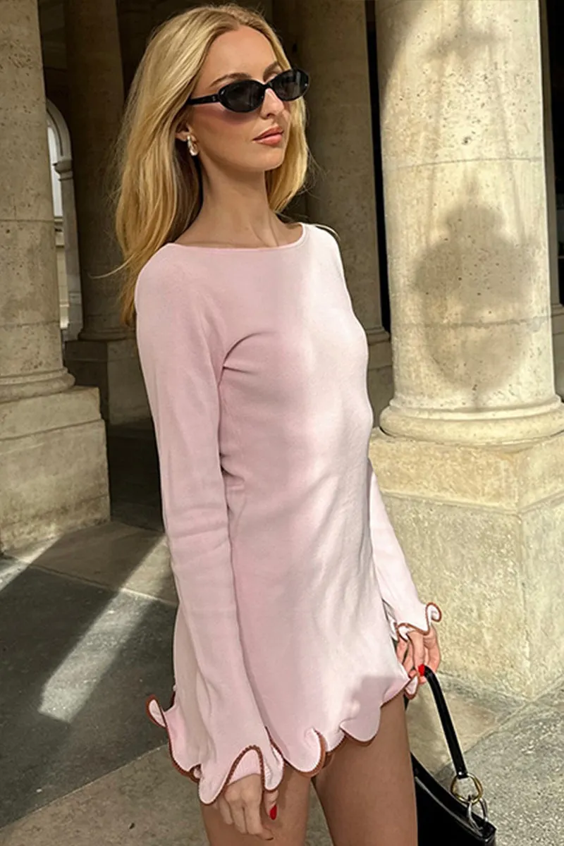 Ruffle Hem Knit Mini Dress Long Sleeve