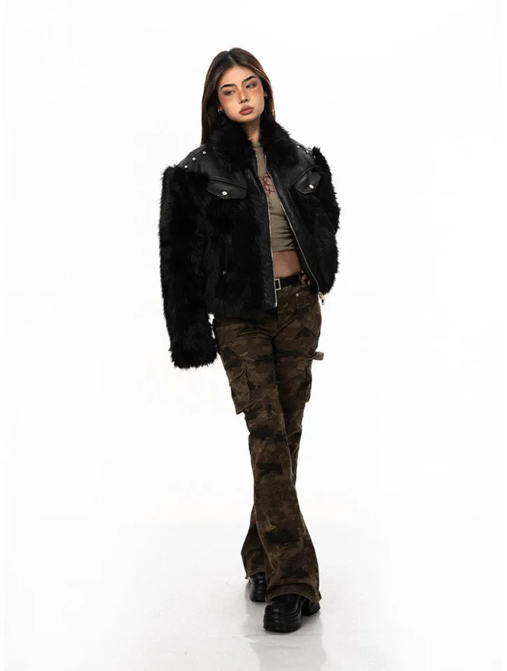 Studded Faux Leather and Fur Patchwork Zip Jacket