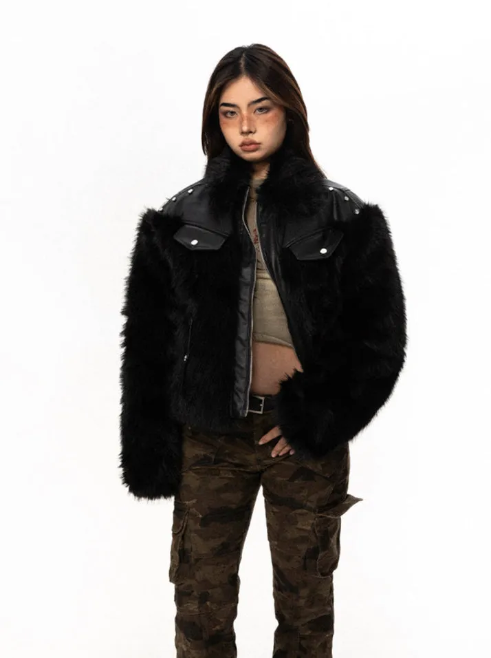 Studded Faux Leather and Fur Patchwork Zip Jacket