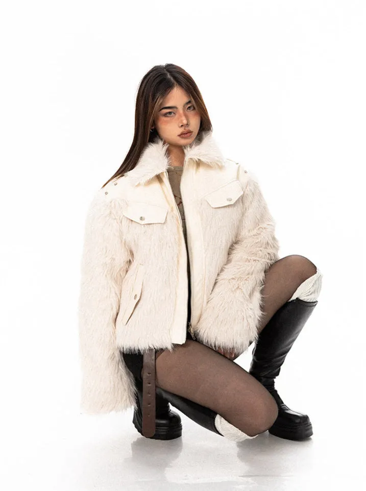 Studded Faux Leather and Fur Patchwork Zip Jacket