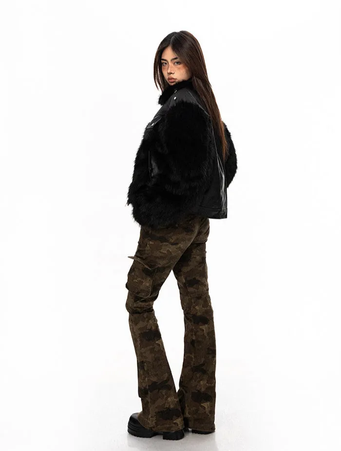 Studded Faux Leather and Fur Patchwork Zip Jacket