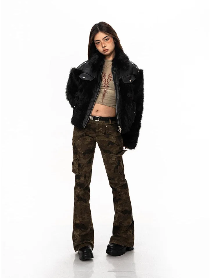 Studded Faux Leather and Fur Patchwork Zip Jacket