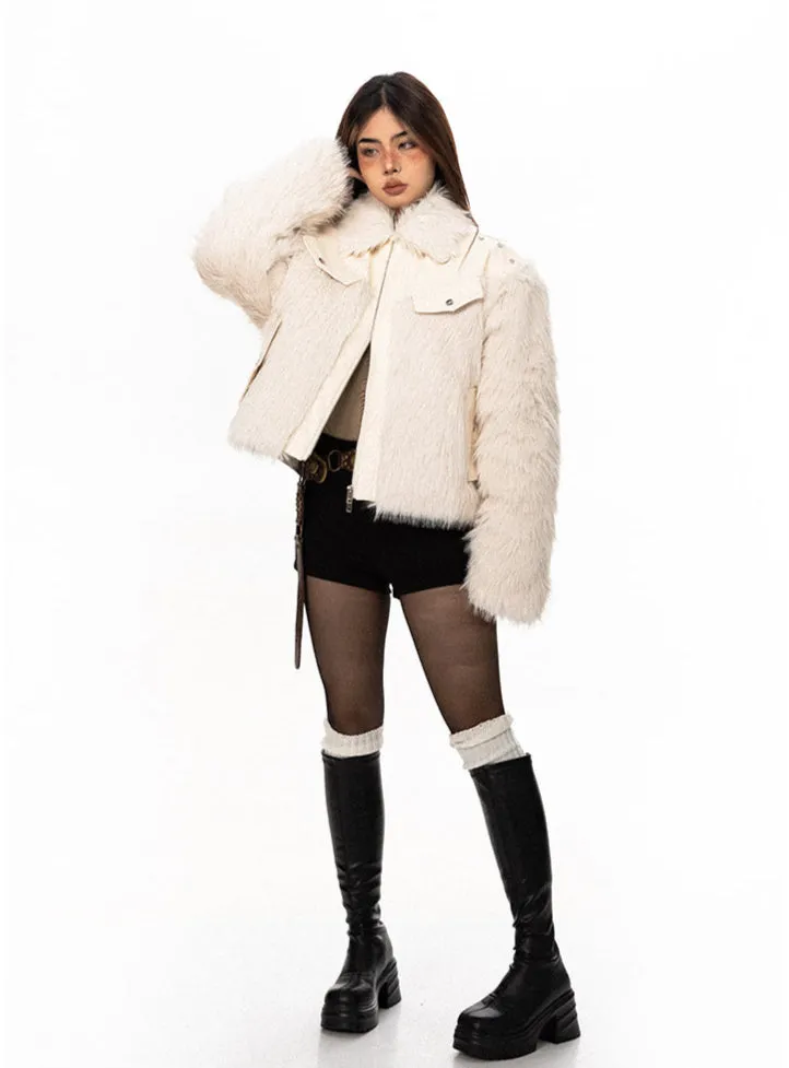 Studded Faux Leather and Fur Patchwork Zip Jacket