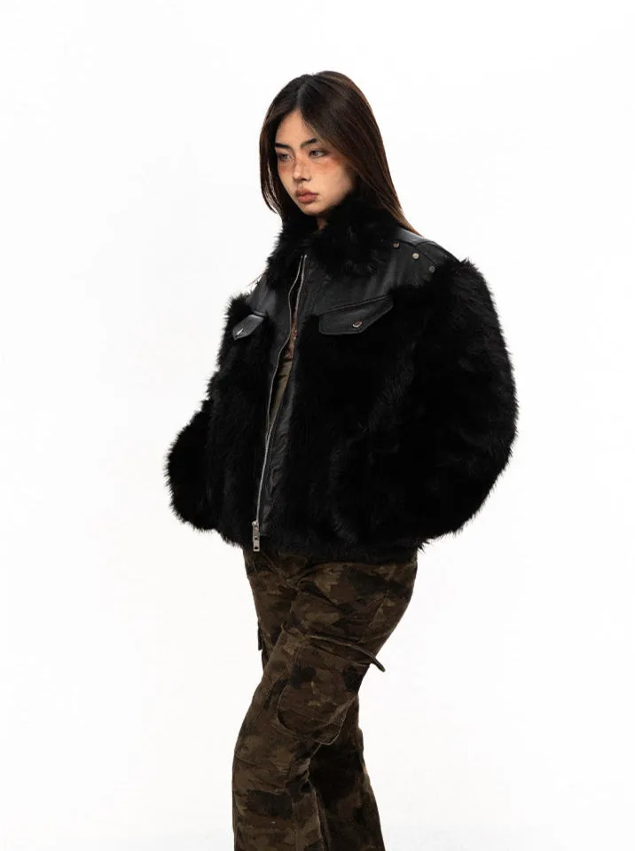 Studded Faux Leather and Fur Patchwork Zip Jacket