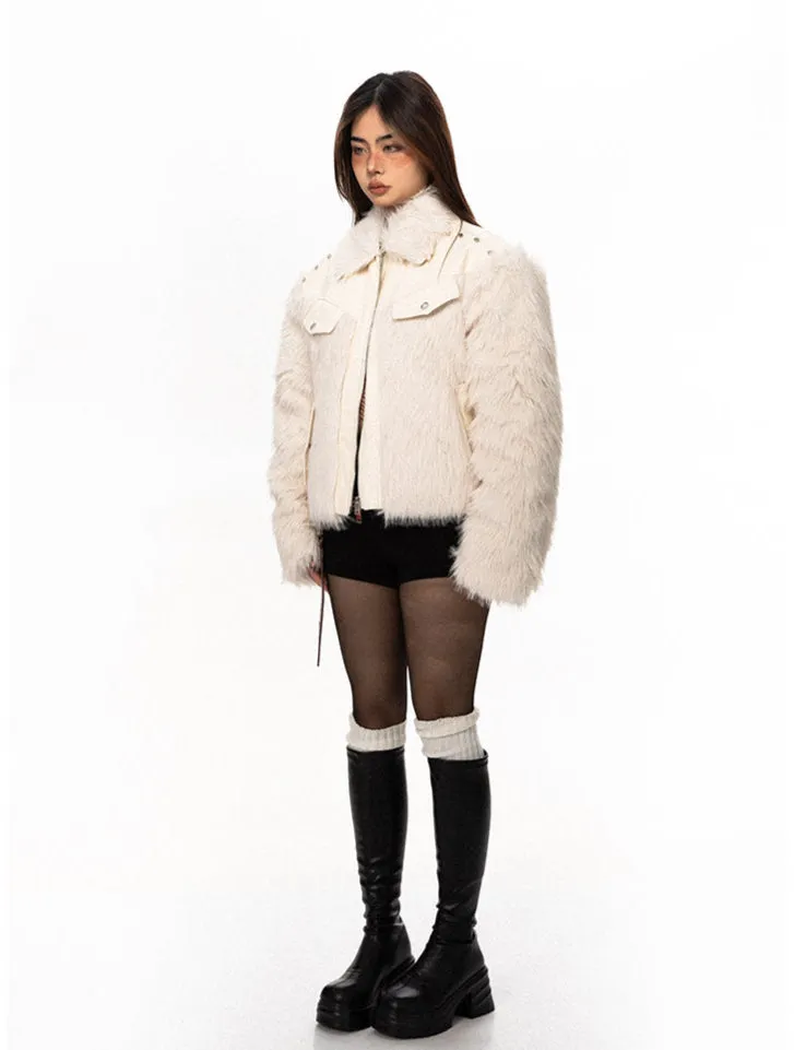Studded Faux Leather and Fur Patchwork Zip Jacket