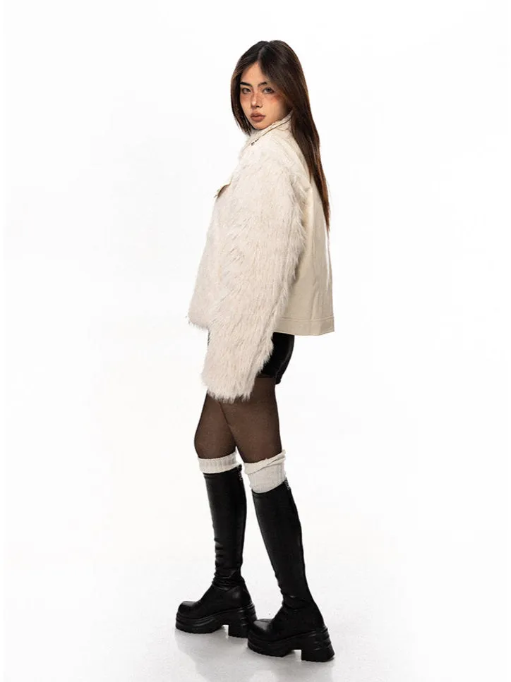 Studded Faux Leather and Fur Patchwork Zip Jacket