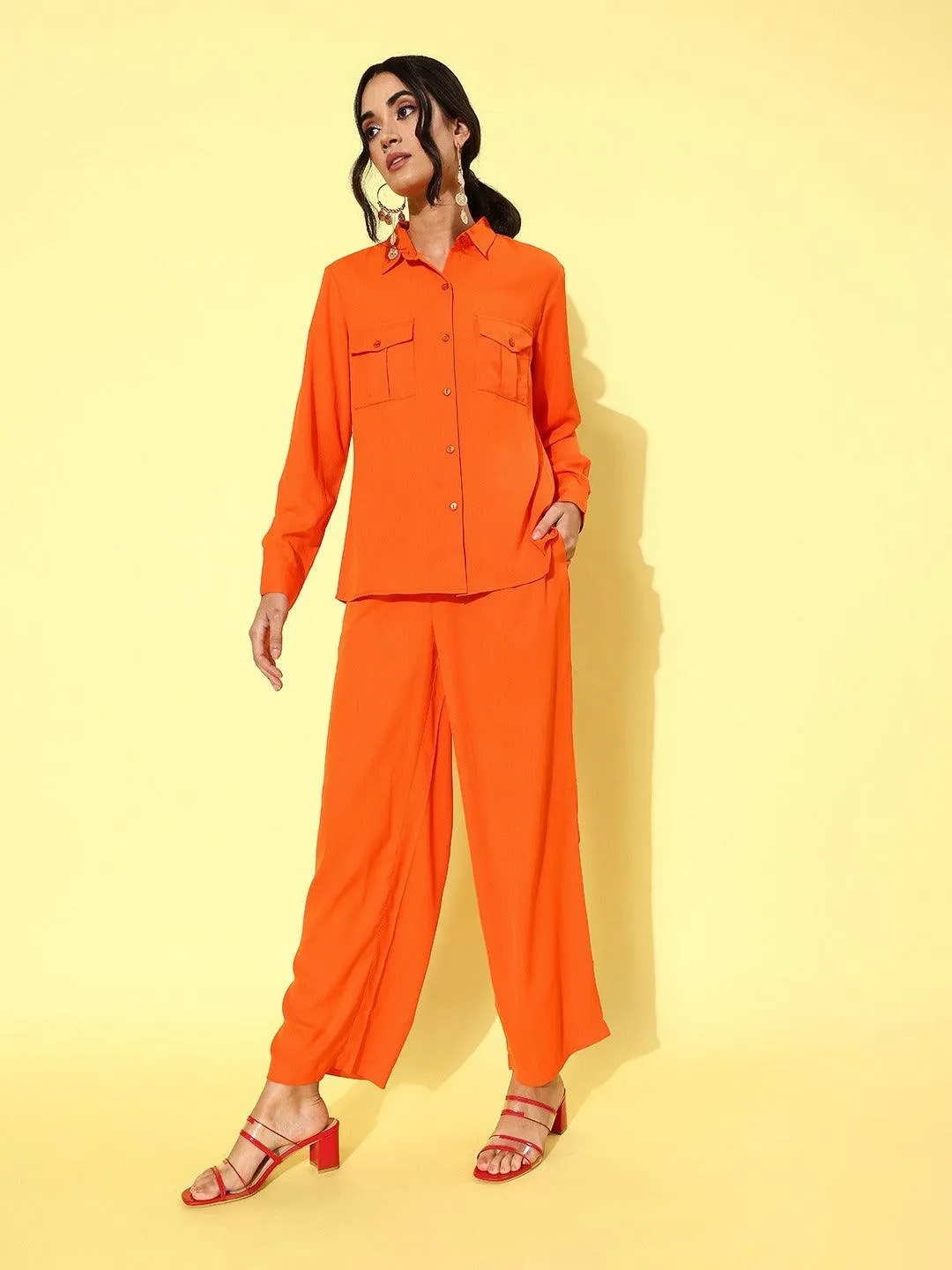 Style Quotient Women Orange Solid Shirt with Trousers