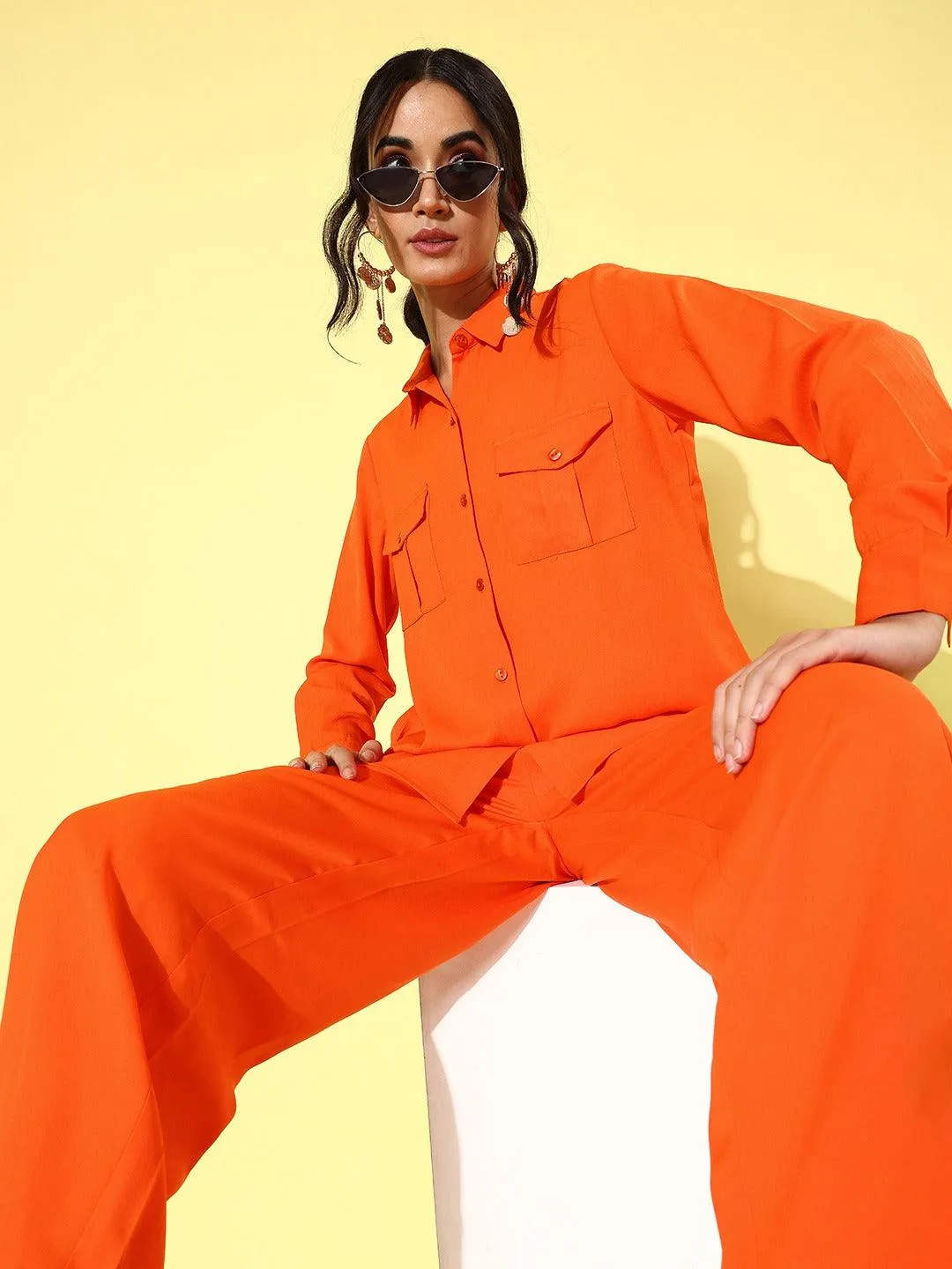 Style Quotient Women Orange Solid Shirt with Trousers