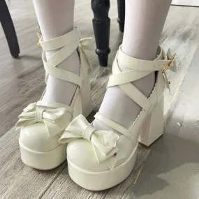 Sweet Bow White Mary Janes High Heels