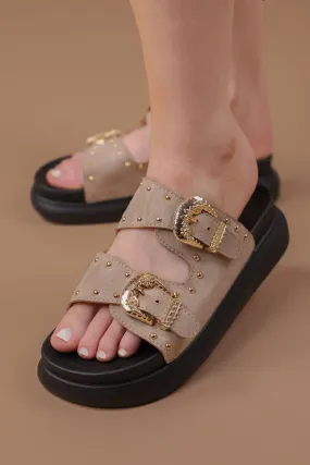Taupe Suede Chunky Studded Buckle Sandals