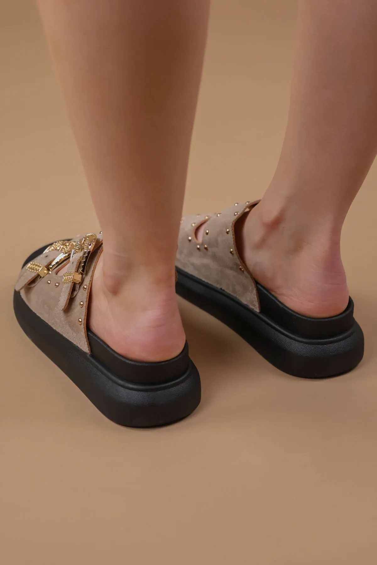Taupe Suede Chunky Studded Buckle Sandals