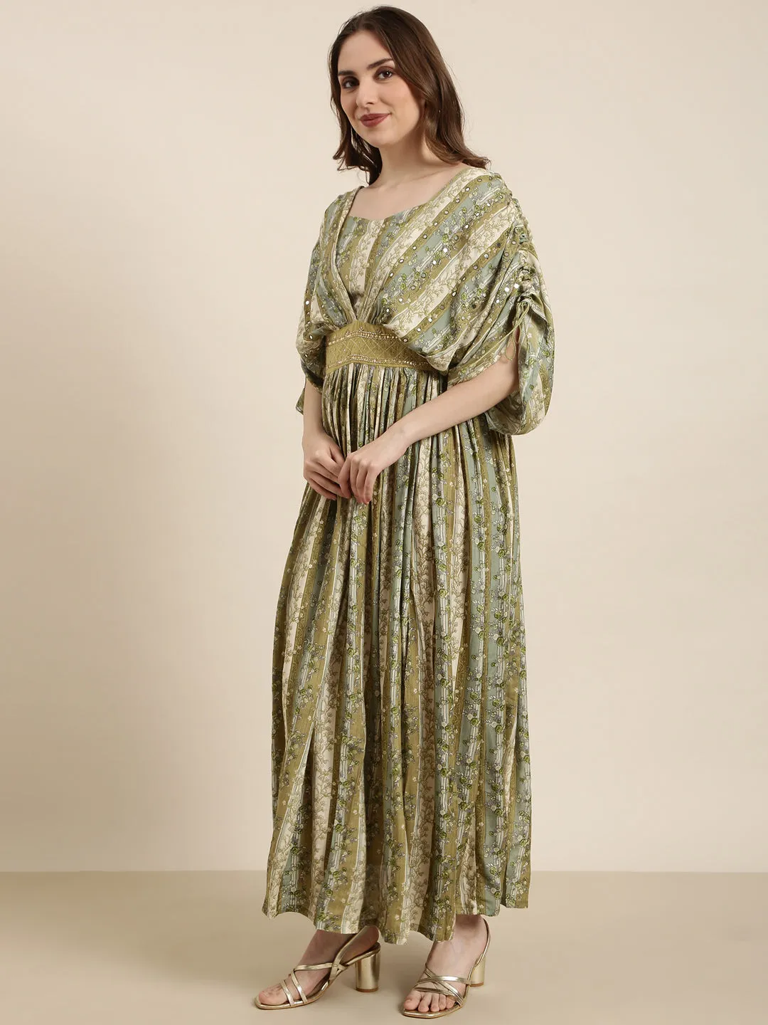 Women Green Floral Fit and Flare Dress