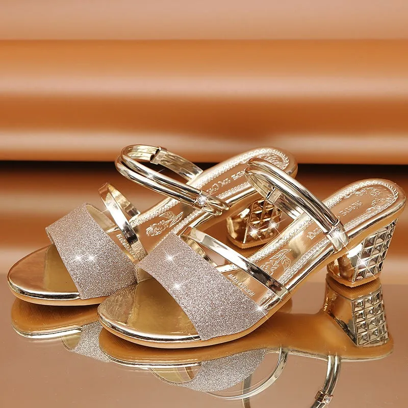 Women's summer gold silver shining slip on block heels