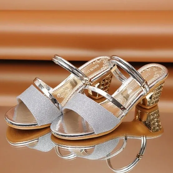 Women's summer gold silver shining slip on block heels