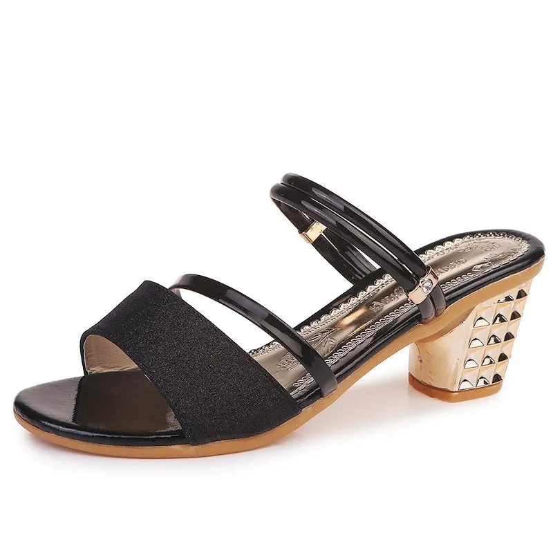 Women's summer gold silver shining slip on block heels